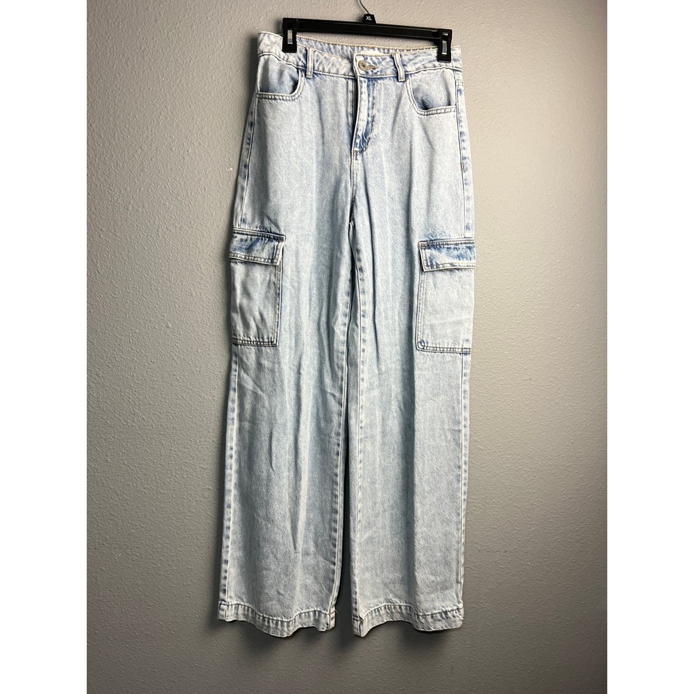 Every Womens Light Wash Wide Leg Cargo Jeans Baggy Paperbag Blue Size 4